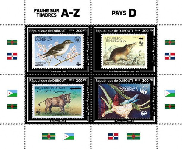 Fauna on stamps WWF (Dominica 1984; Dominican Republic 1994; Djibouti 2000; Dominica 2005) | Stamps of DJIBOUTI