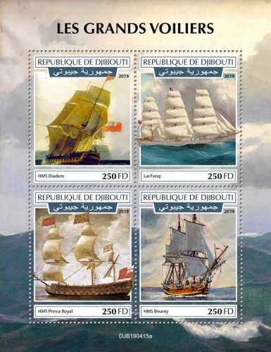Tall ships (HMS Diadem; Lai Fong; HMS Prince Royal; HMS Bounty) | Stamps of DJIBOUTI