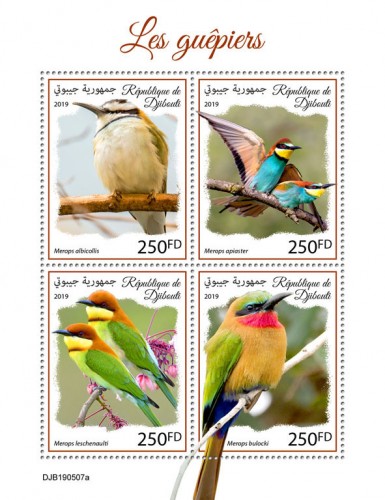 Bee-eaters (Merops albicollis; Merops apiaster; Merops leschenaulti; Merops bulocki) | Stamps of DJIBOUTI