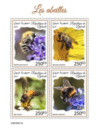 Bees (Bombus pascuorum; Xylocopa virginica; Apis cerana; Bombus terrestris) | Stamps of DJIBOUTI