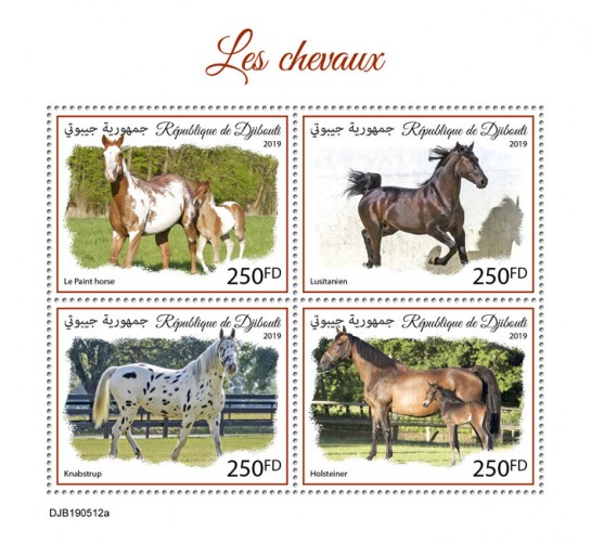 Horses (American paint horse; Lusitanians; Knabstrup; Holsteiner) | Stamps of DJIBOUTI