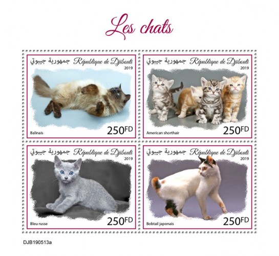 Cats (Balinese; American Shorthair; Russian Blue; Japanese Bobtail) | Stamps of DJIBOUTI