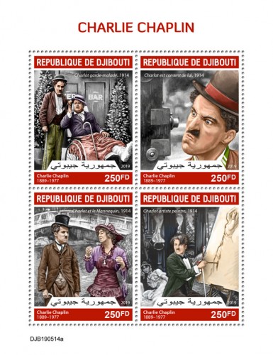 Charlie Chaplin (Charlie Chaplin (1889–1977), “His New Profession”, 1914; “Kid Auto Races at Venice”, 1914; “Mabel's Married Life”, 1914; “The Face on the Bar Room Floor”, 1914) | Stamps of DJIBOUTI